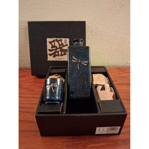 Sake Set Japanese Set For 4 Dragonfly Blue Moon Design Ceramic New